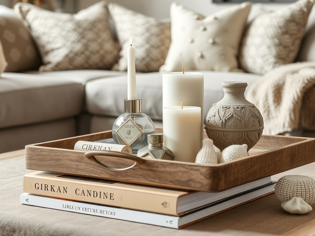 close-up of a coffee table with layered decor including books, candles, tray, and textured objects in a cohesive palette