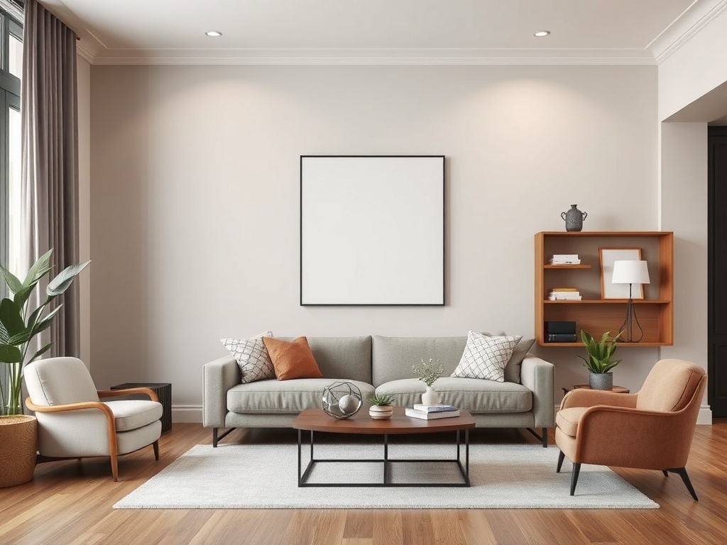 color palette board with neutral base, secondary tones, and accent colors applied to a living room layout