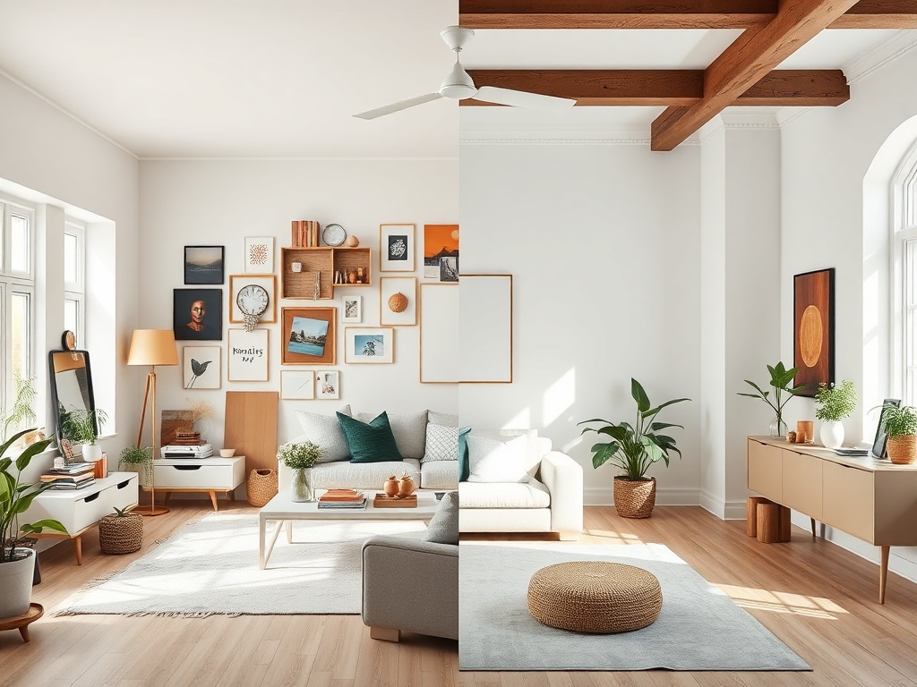 minimalist room with too many mismatched colors and decor contrasted with a clean cohesive styled space