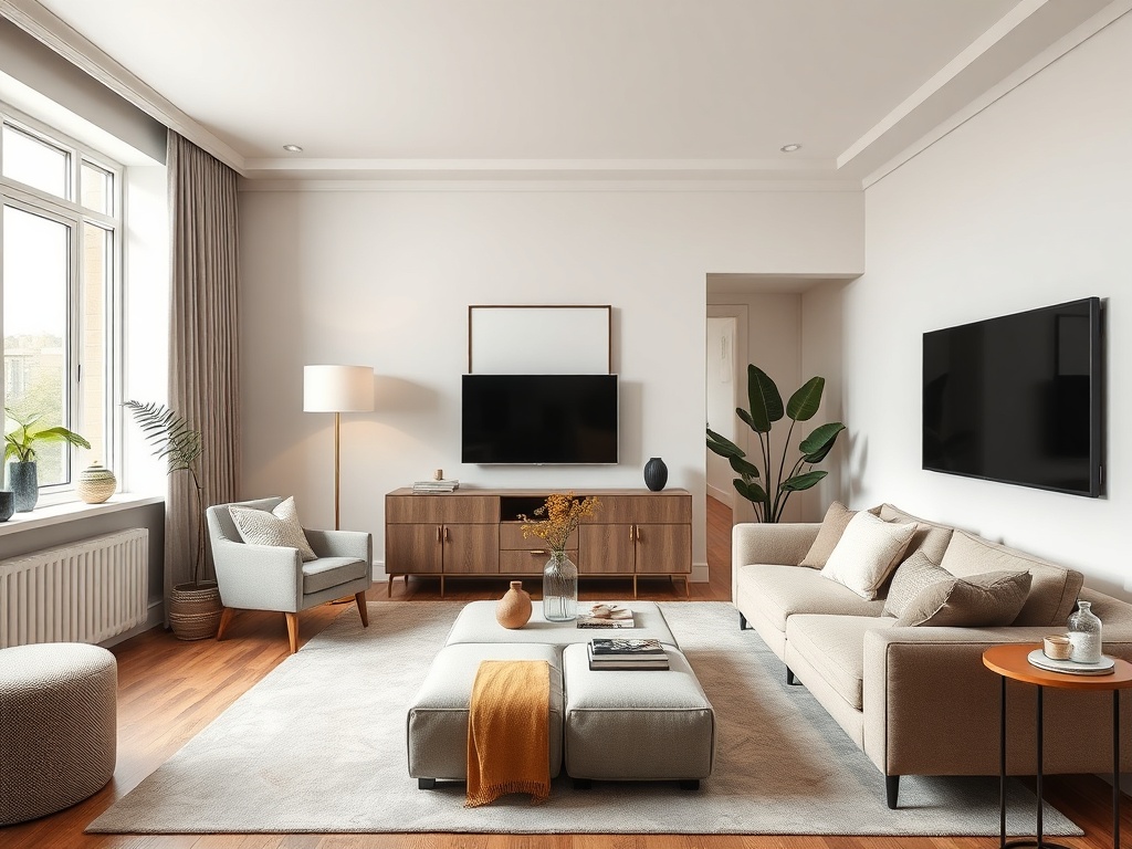 small apartment living room styled with cohesive colors and layered textures giving a high-end feel