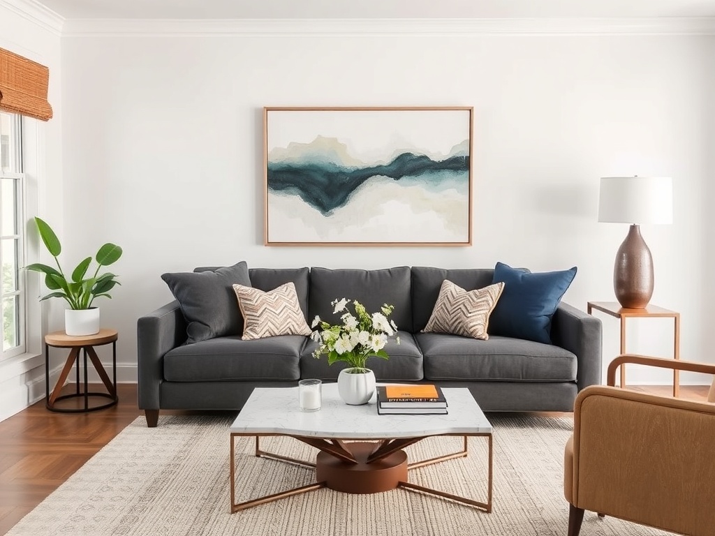 styled living room vignette showing sofa, coffee table, and wall art all coordinated in a cohesive palette