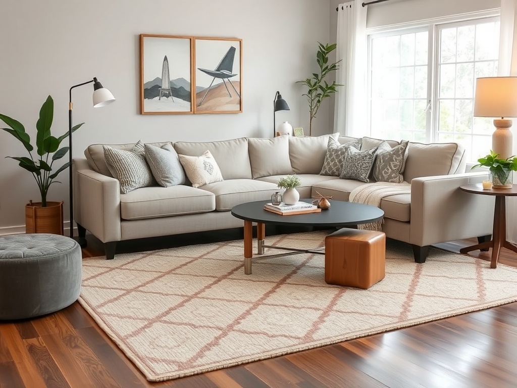 affordable large area rug under sofa, cohesive living room styling, neutral patterned rug, budget interior design