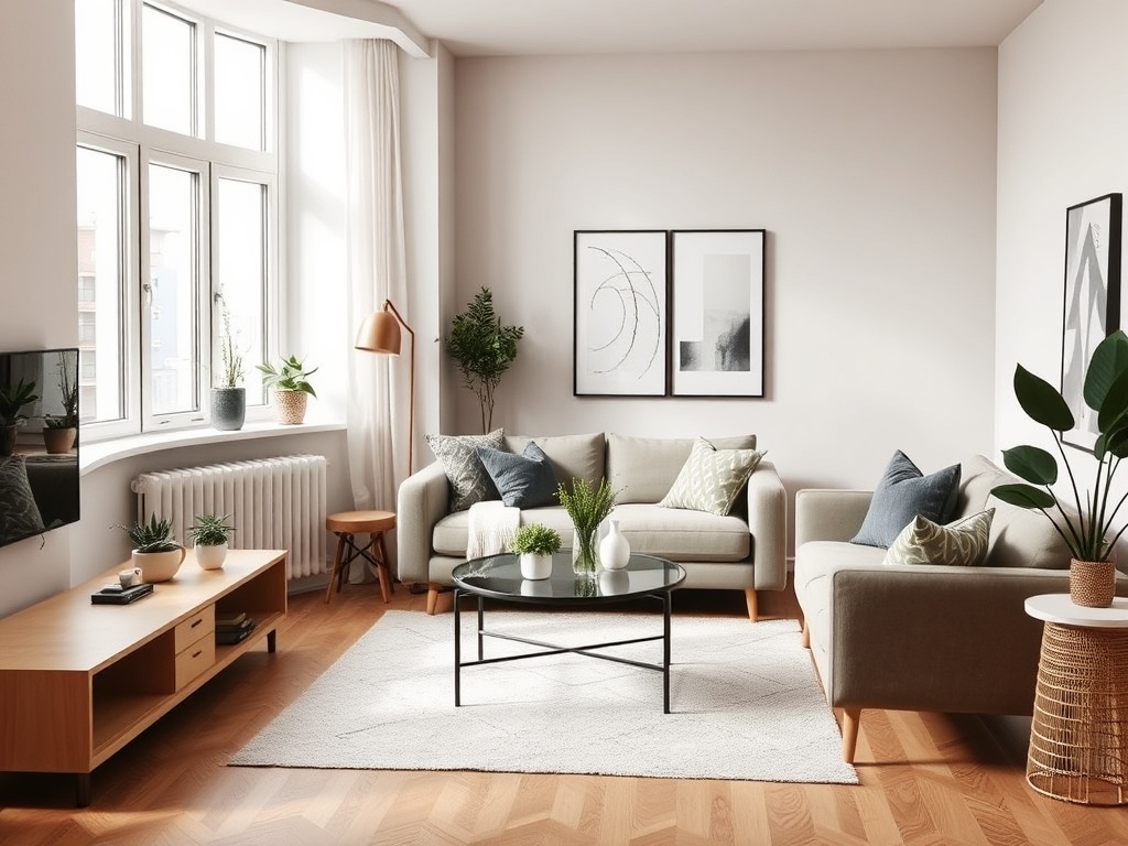cozy modern living room with neutral tones, small apartment layout, natural light, budget decor styling