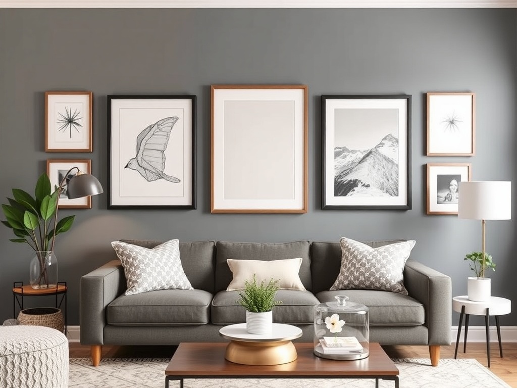 gallery wall budget art prints large frames cohesive color palette living room decor affordable styling