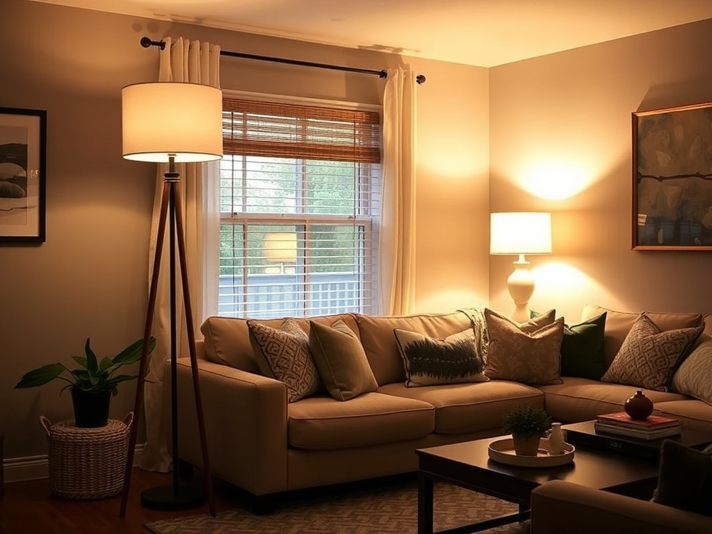 layered lighting living room with floor lamp and table lamp warm lighting cozy atmosphere budget decor