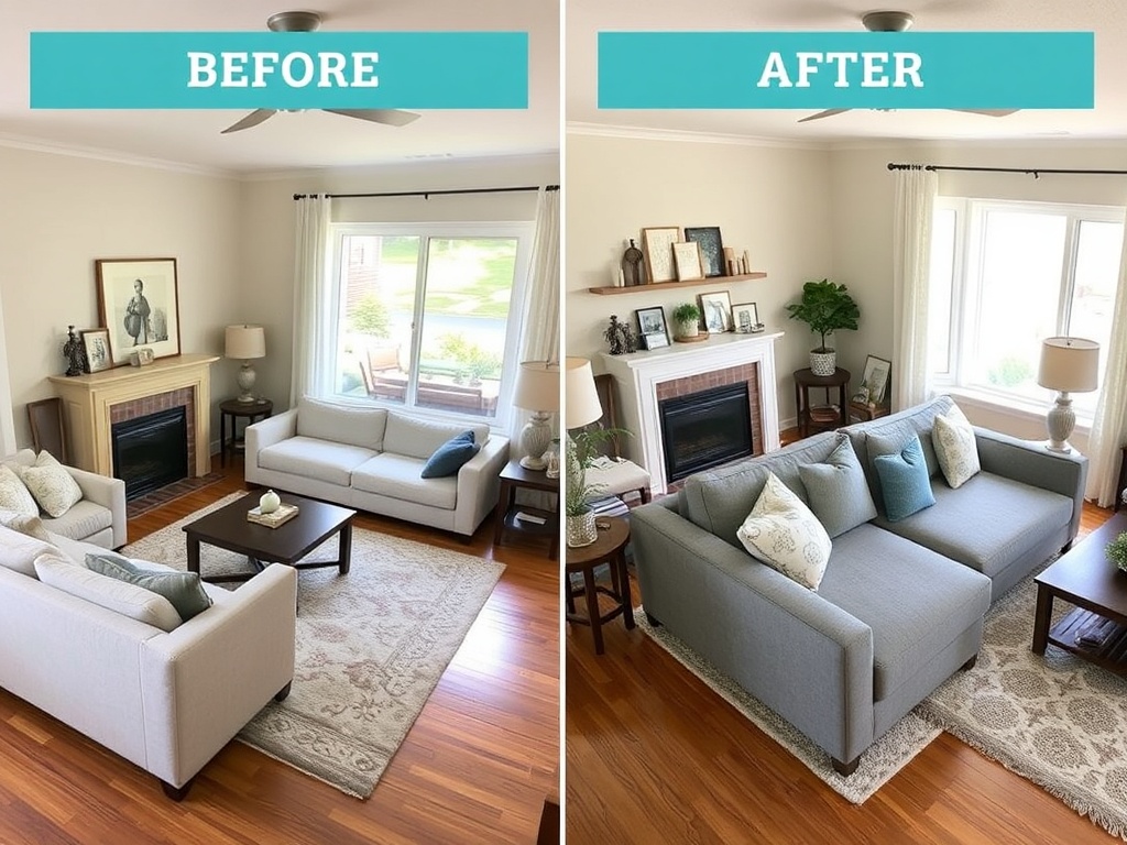 living room furniture rearrangement before and after, sofa repositioned, improved layout flow, small space optimization