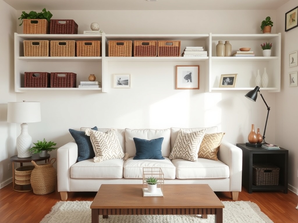 living room storage baskets shelves decluttered space minimal clean budget decor organization