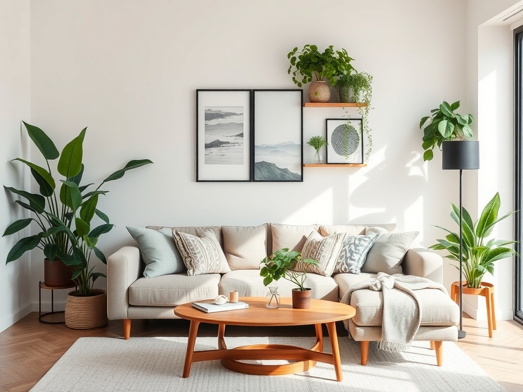 living room with indoor plants budget decor styling greenery modern apartment cozy setup
