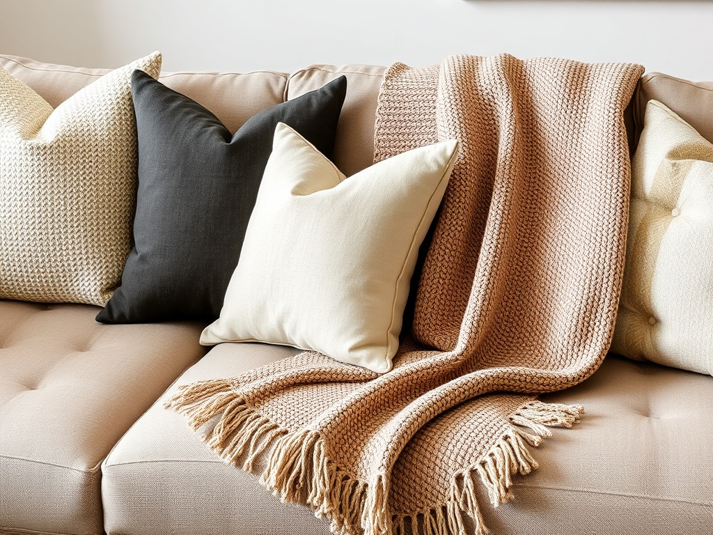 styled sofa with coordinated throw pillows and blanket neutral palette textured fabrics modern cozy living room