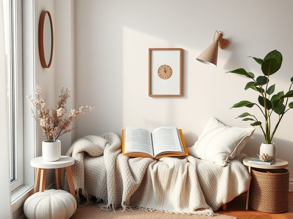 cozy reading nook with a throw blanket and minimalist decor