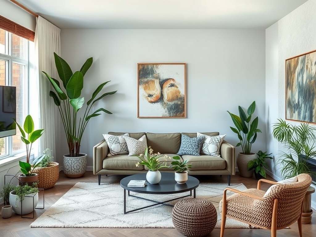 living room with plants and natural elements creating a calm, inviting space