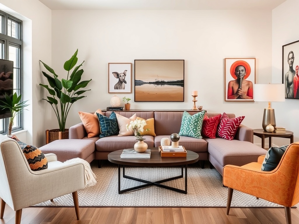 modern living room with cozy accents, colorful throw pillows, and chic decor pieces