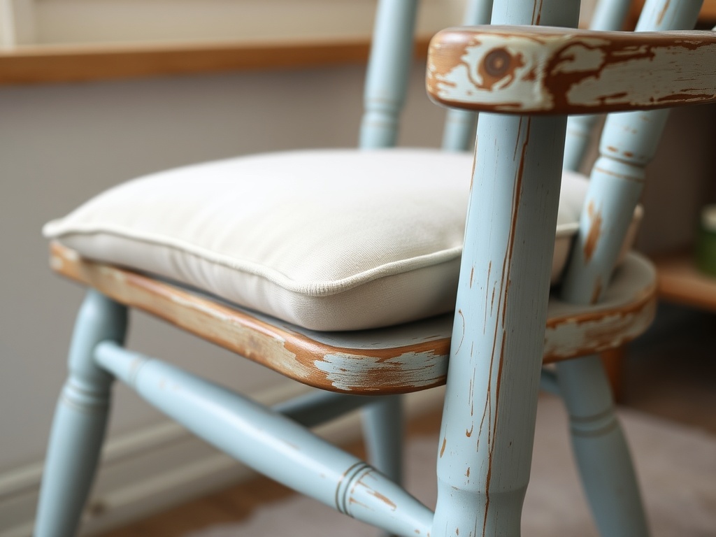 A close-up of an old wooden chair being updated with a fresh coat of paint and a new cushion