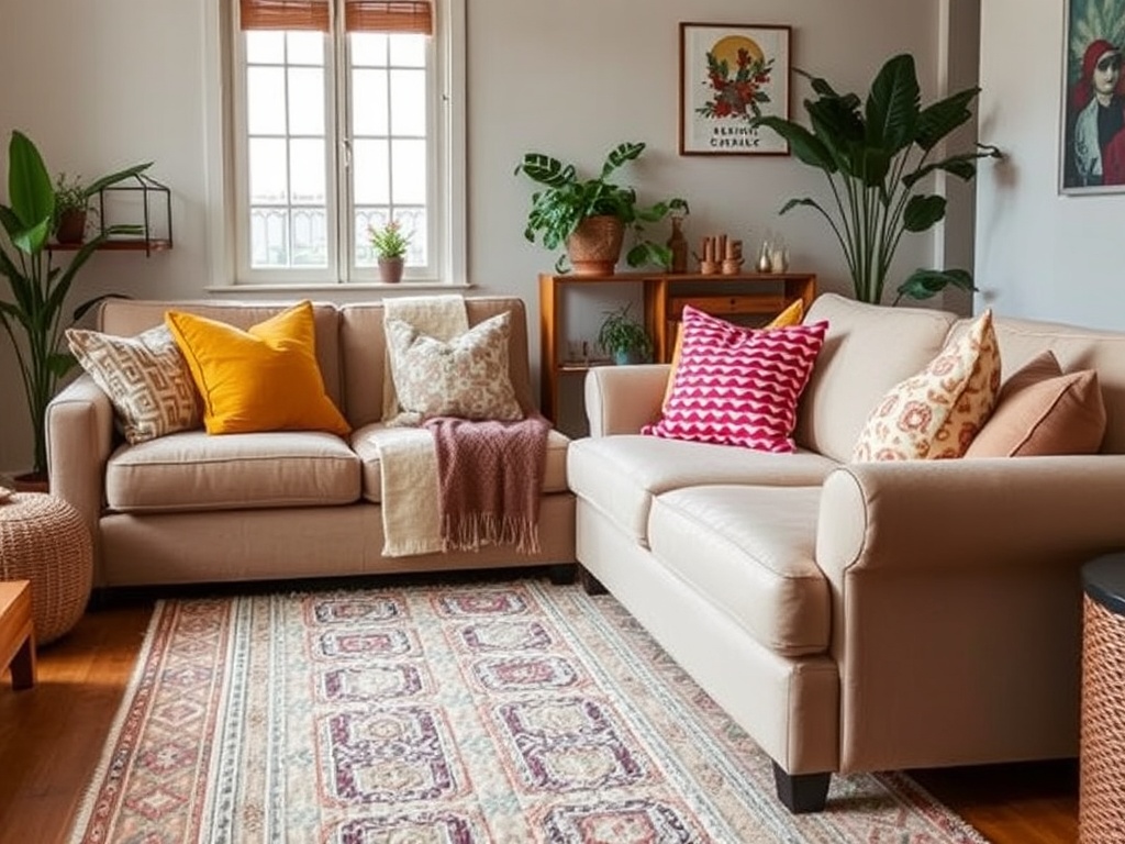 A cozy living room with colorful throw pillows and a textured area rug on the floor