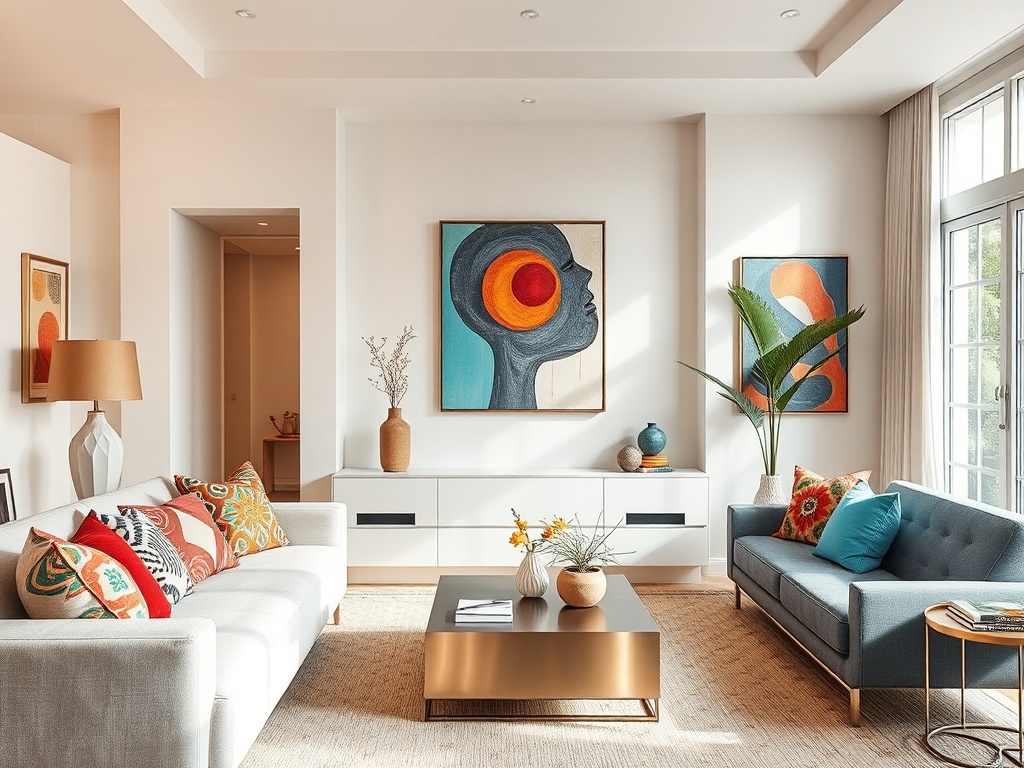 A modern living room with neutral walls and colorful decor accents like cushions and artwork