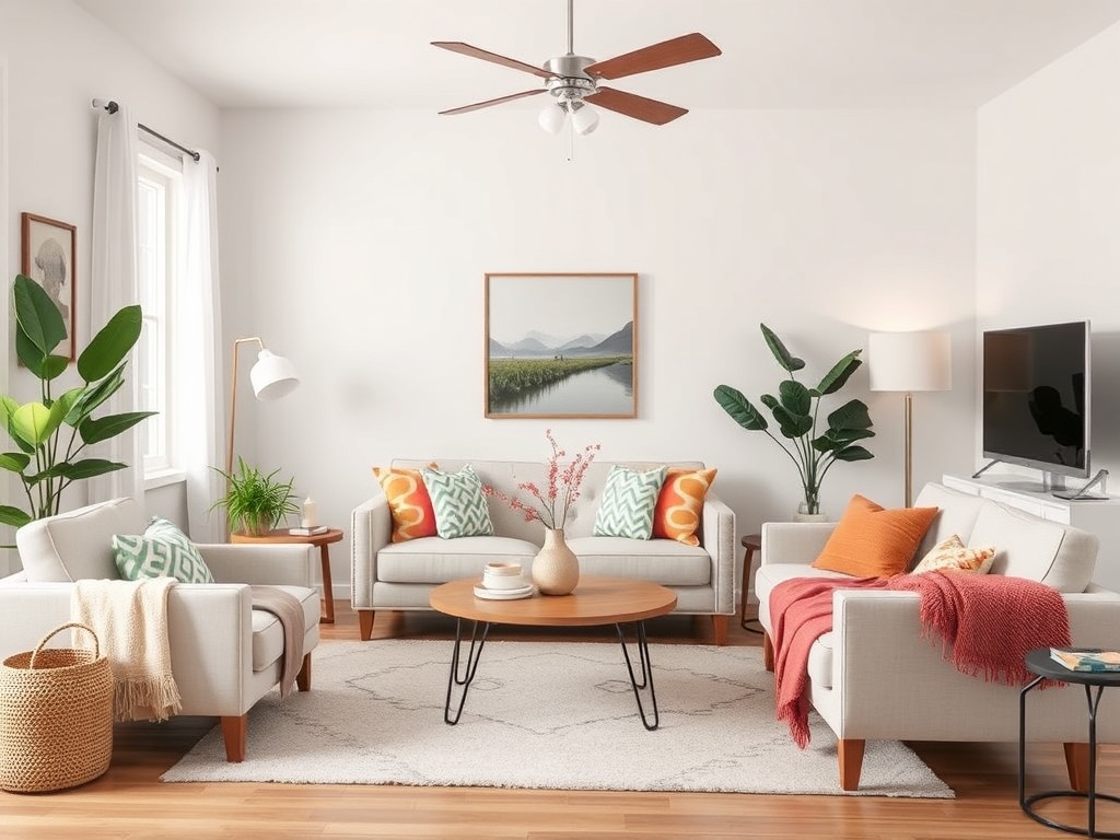 A stylish living room with affordable decor elements like simple furniture, cozy throws, and budget-friendly art on the walls