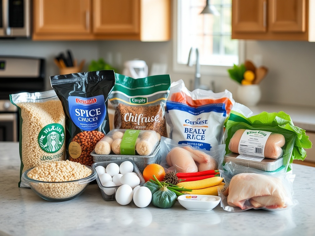 a budget grocery haul on a kitchen counter with rice, beans, eggs, vegetables, and chicken thighs in natural light