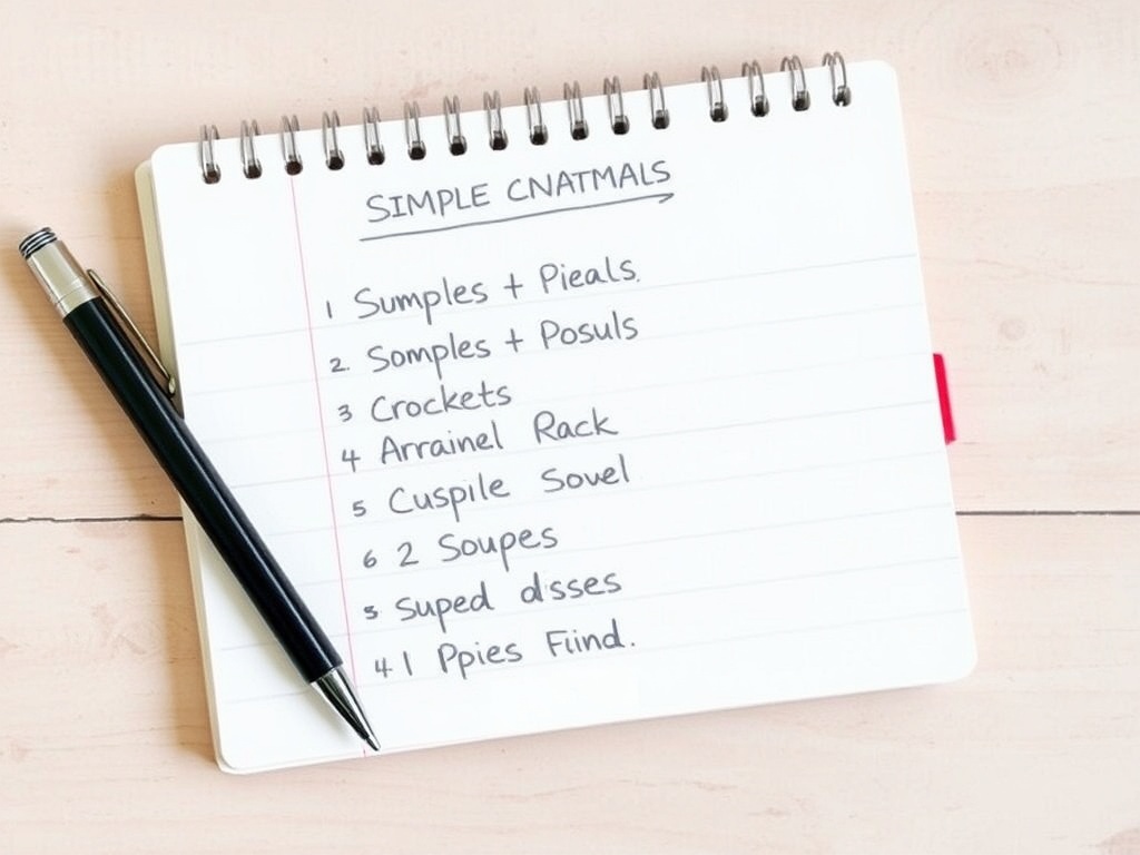 a handwritten notebook with a list of simple cheap meals like rice bowls, soups, and pasta dishes