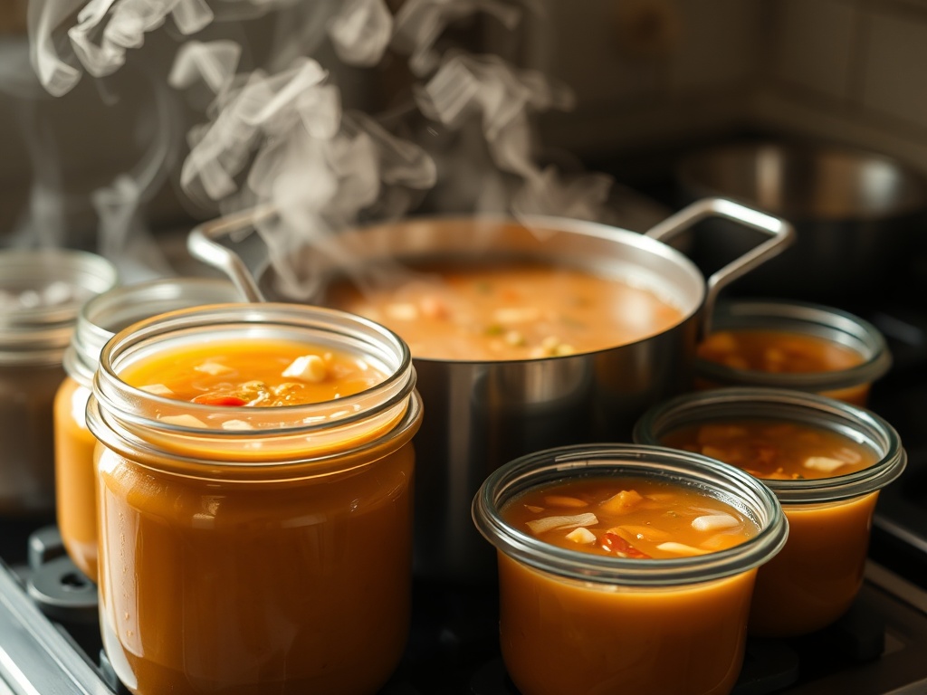 a pot of soup being portioned into containers for the week with steam rising