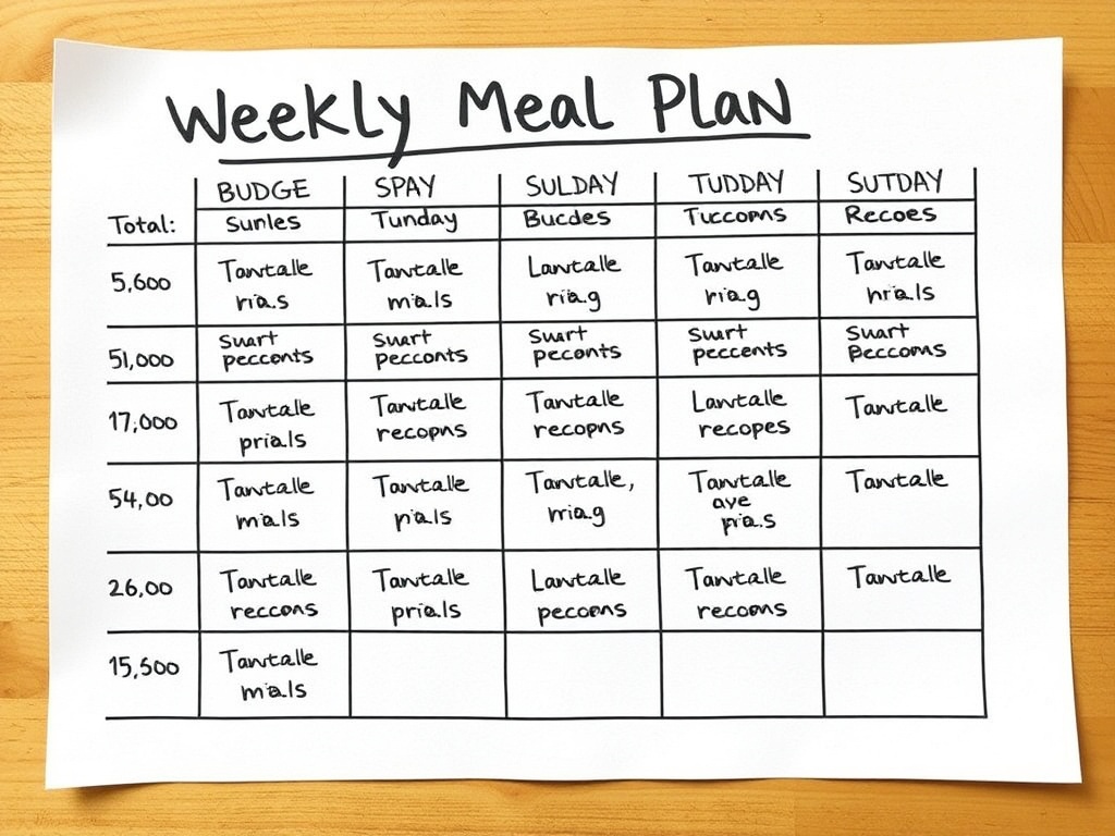a weekly meal plan written on paper with budget totals and simple meals listed for each day