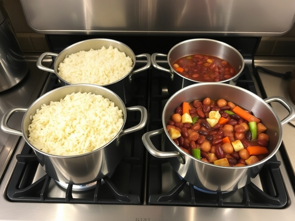 pots on a stove cooking rice, simmering beans, and sautéing vegetables simultaneously