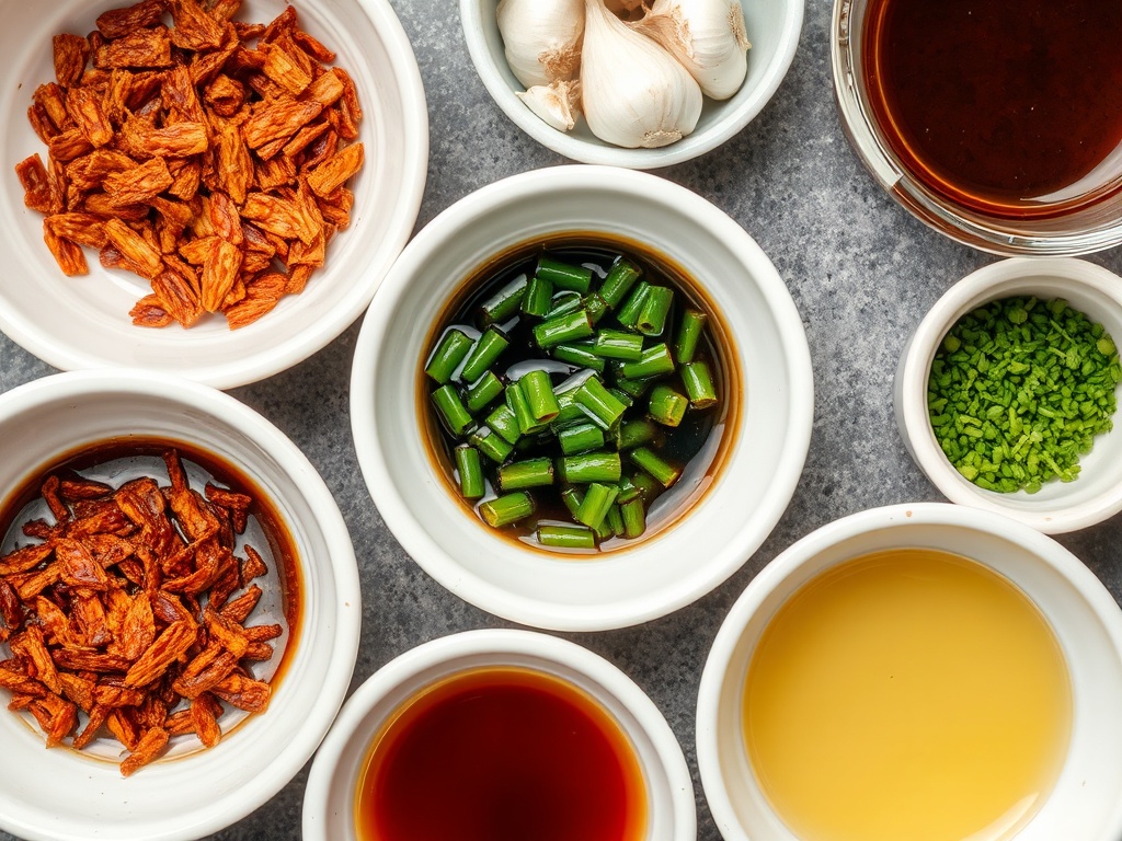 small bowls of spices, sauces, and condiments like chili flakes, soy sauce, garlic, and herbs