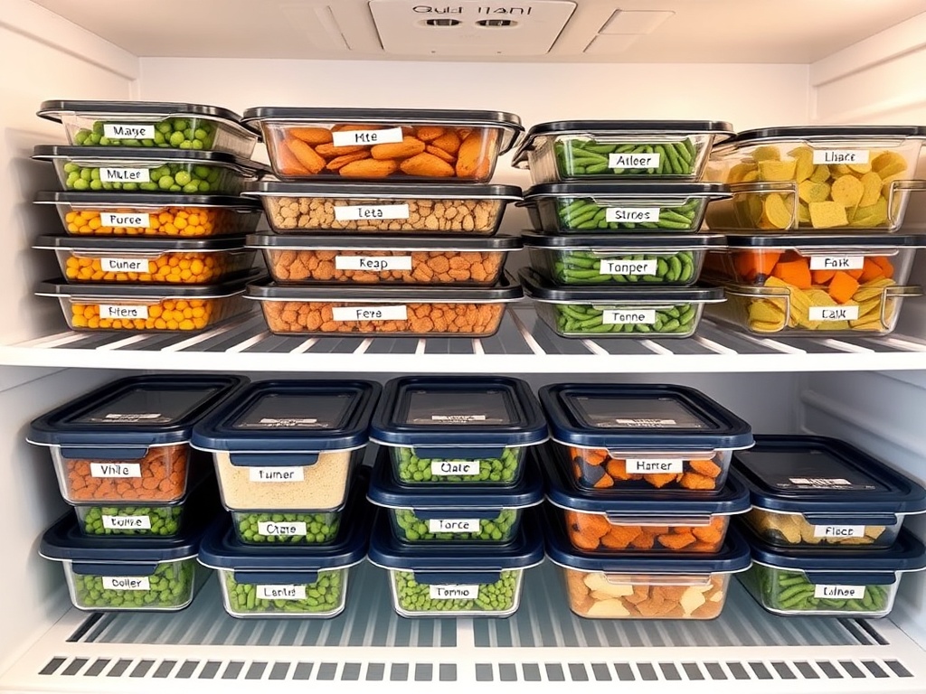 stacked meal prep containers in a fridge with labeled lids and organized sections