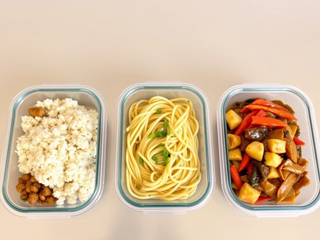 three different meal prep containers showing rice bowls, pasta, and stir fry arranged neatly on a table
