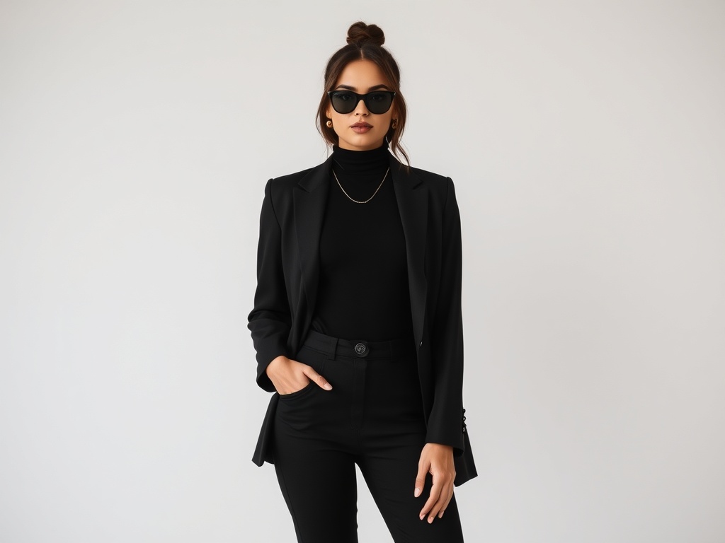 all black outfit minimal chic with bold gold accessories confident pose modern background