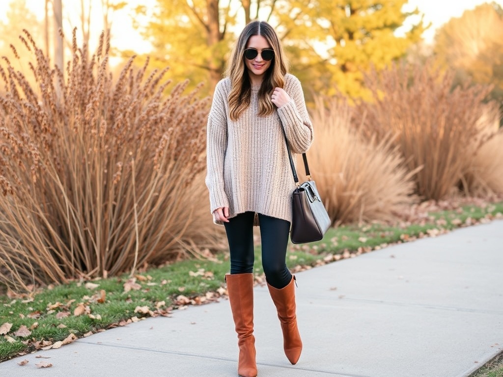 cozy oversized sweater outfit with leggings and boots fall style warm tones casual chic