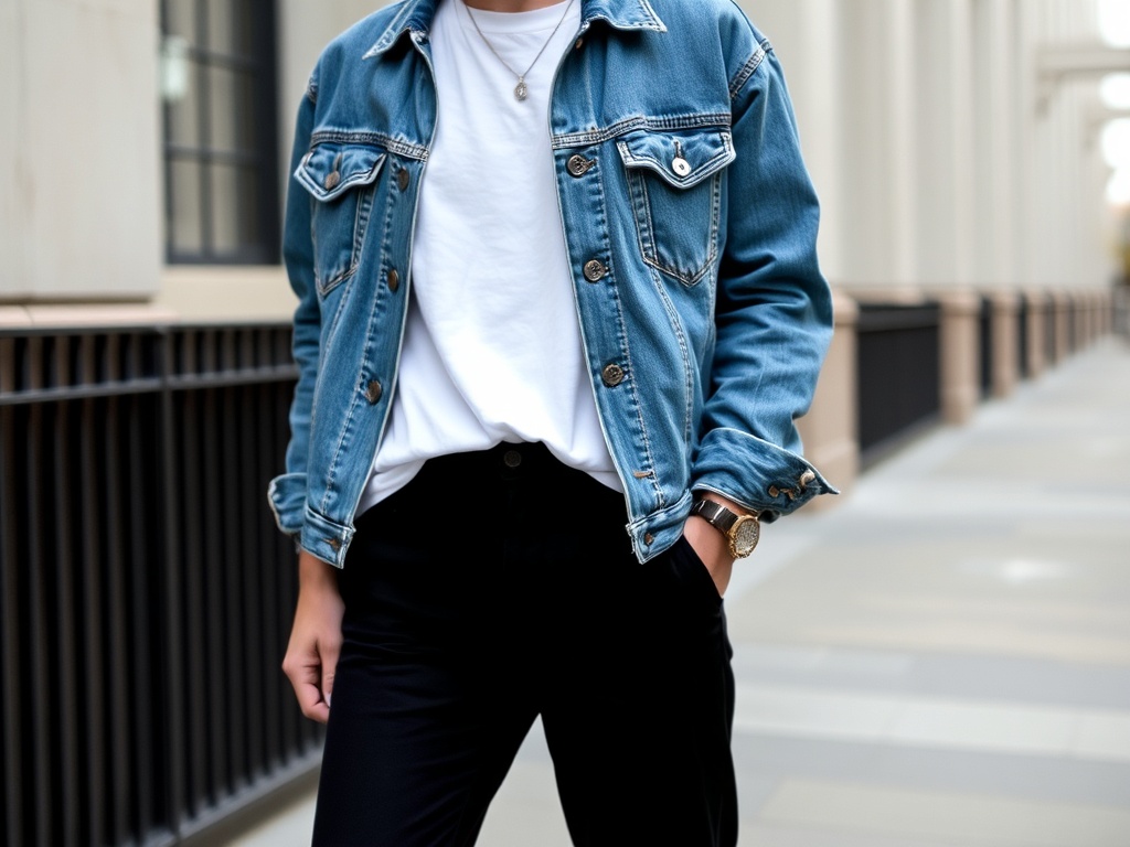 denim jacket layered over white tee black pants simple timeless outfit clean urban setting