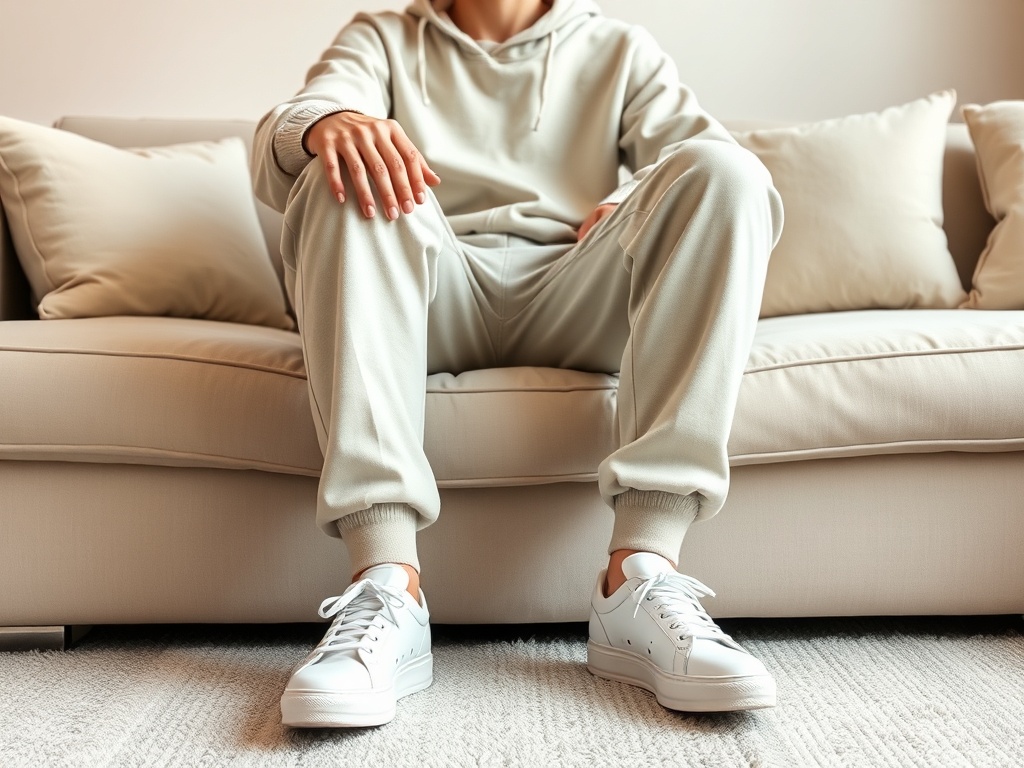 matching lounge set neutral tones clean sneakers casual stylish outfit modern home setting