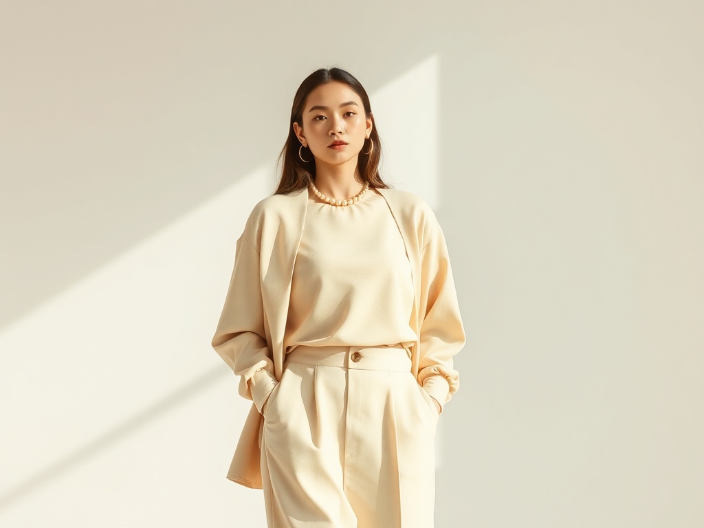 monochrome beige outfit matching set soft tones minimal fashion aesthetic natural lighting