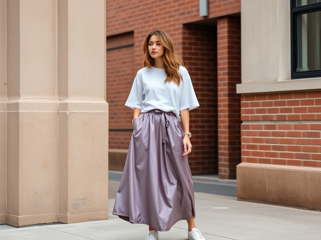satin midi skirt with simple white t-shirt and sneakers relaxed chic outfit urban lifestyle