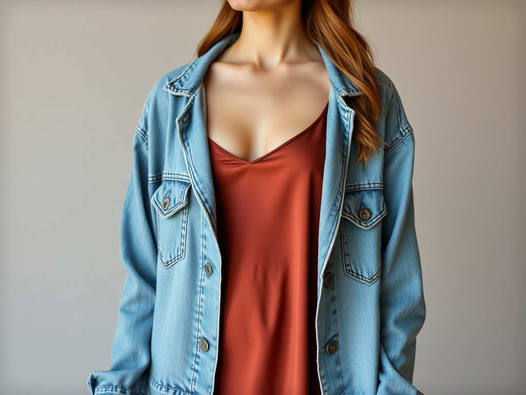 slip dress with denim jacket layered feminine casual chic outfit soft lighting