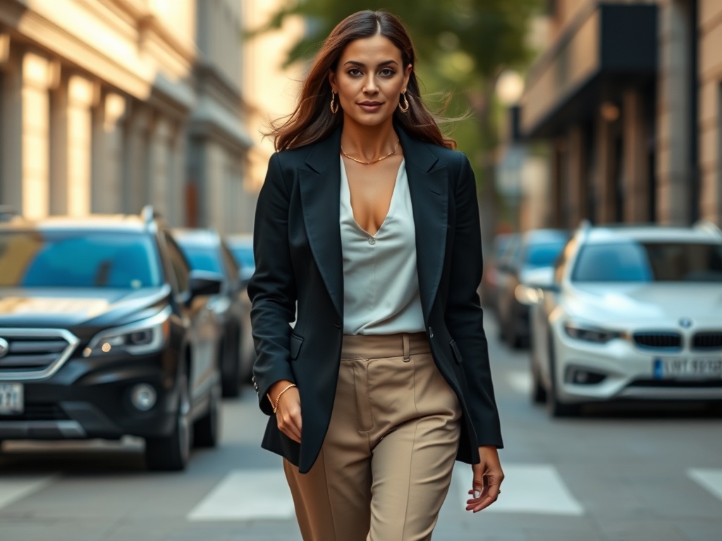 a confident woman in a minimal chic outfit walking in a city street, neutral tones, gold jewelry, structured blazer, natural lighting