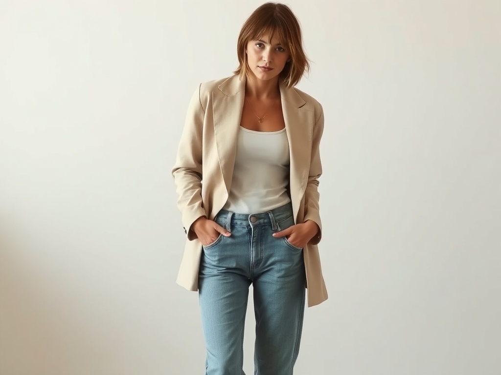 a neutral beige blazer styled over a simple white tank and jeans, minimalist fashion aesthetic, soft lighting