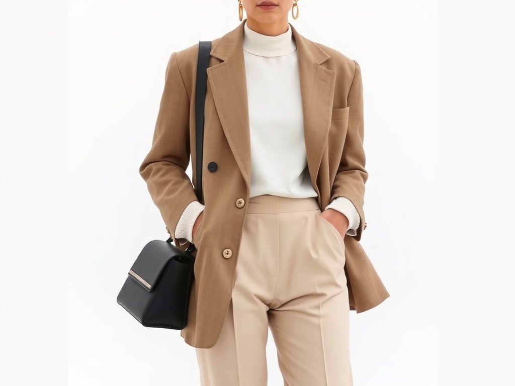 monochrome beige outfit styled with blazer and trousers, minimal chic fashion, soft neutral palette