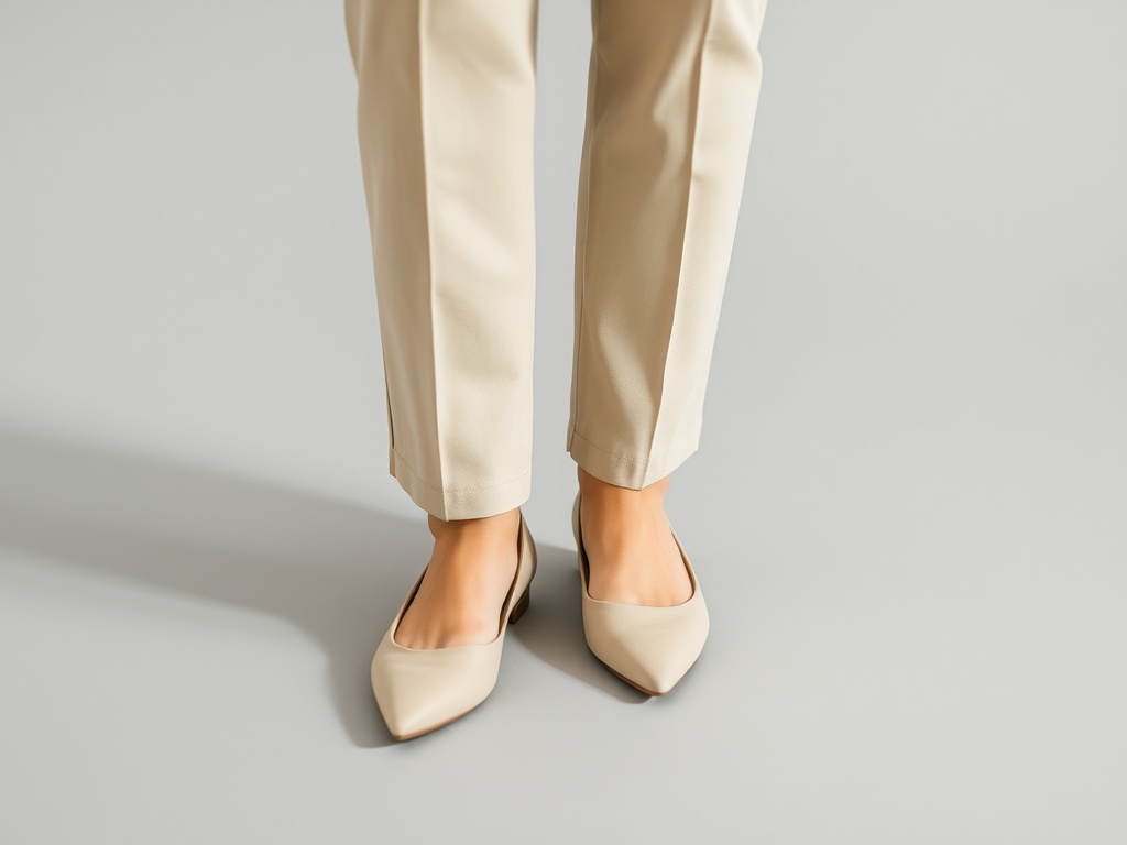 neutral pointed toe flats styled with tailored trousers, minimal elegant outfit, soft natural light