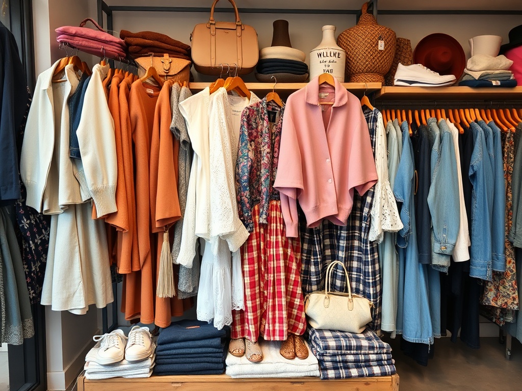 A chic thrift store display with stylish secondhand clothing