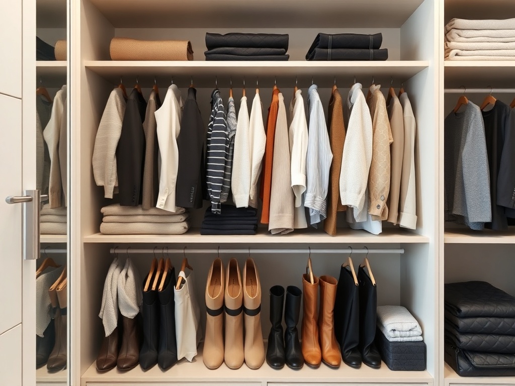 A modern minimalist wardrobe with budget-friendly stylish clothing neatly arranged