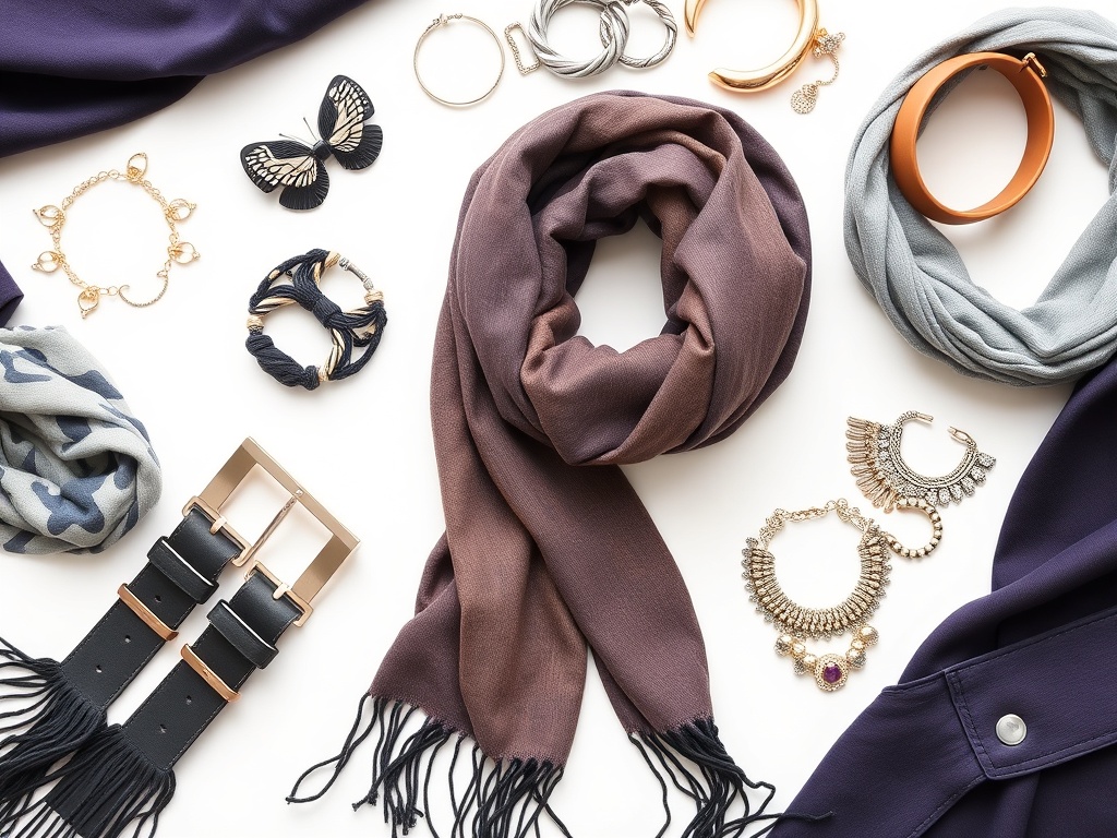 Flat lay of budget-friendly fashion accessories like scarves, belts, and jewelry