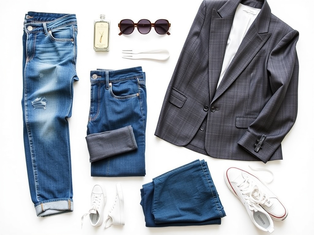 Flat lay of essential wardrobe staples including jeans, blazer, and sneakers