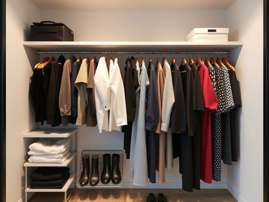 Minimalist capsule wardrobe neatly arranged in a modern closet