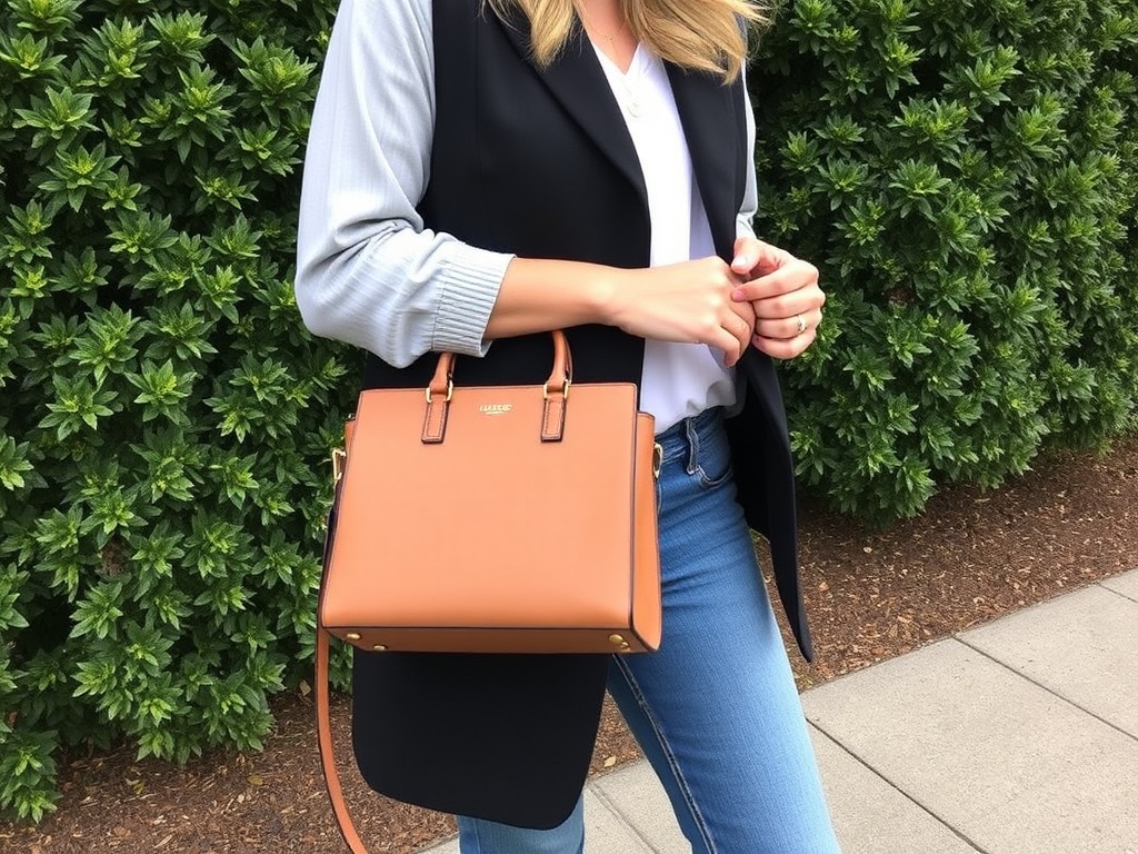 Outfit featuring designer bag paired with affordable clothing items