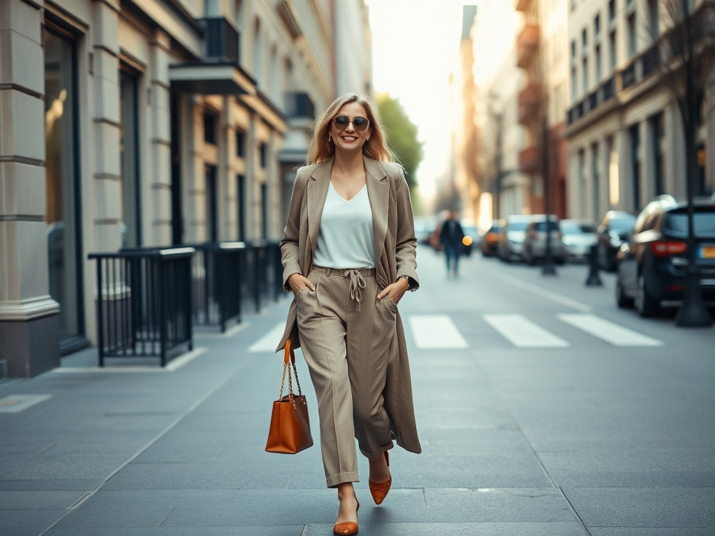 confident woman walking city street neutral outfit stylish minimal budget fashion