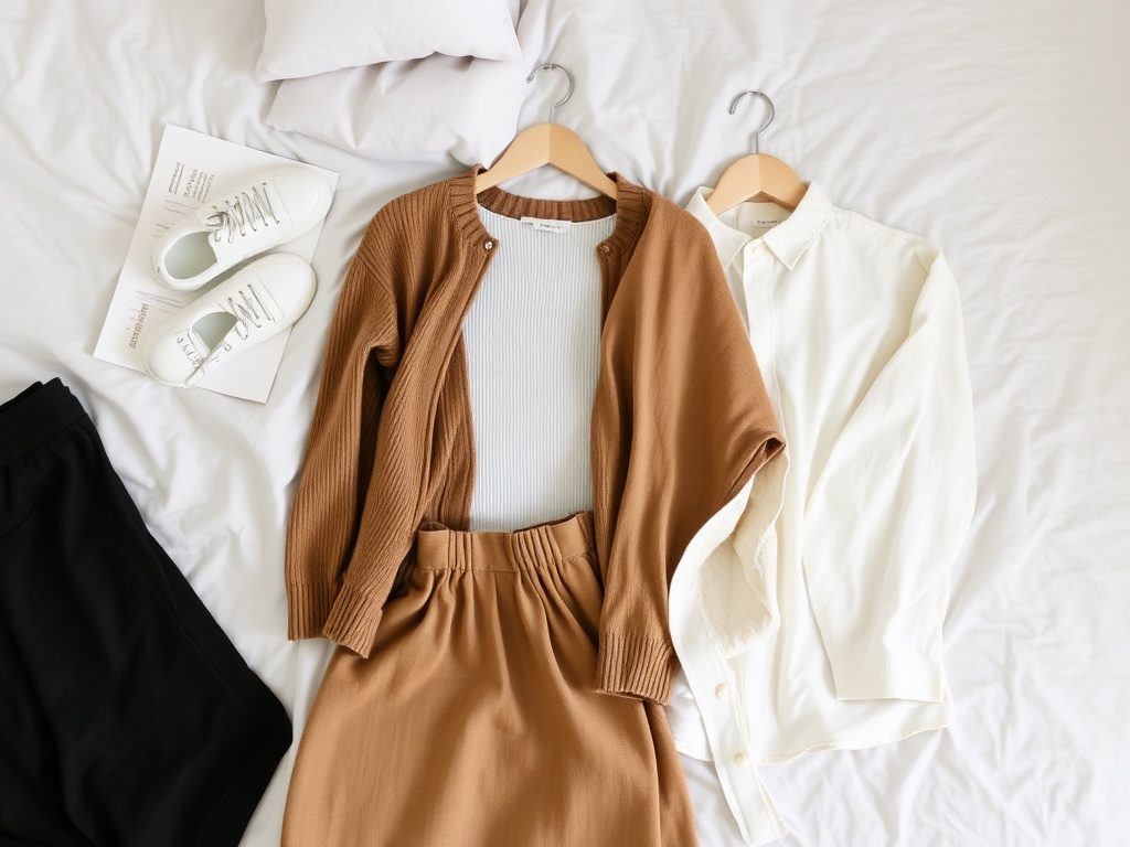minimalist capsule wardrobe laid out on bed neutral tones clean aesthetic