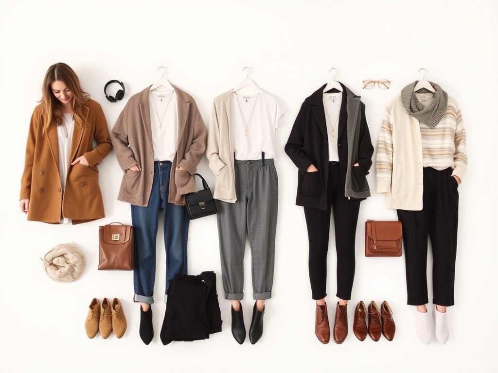 multiple outfit combinations laid out from small capsule wardrobe minimal styling