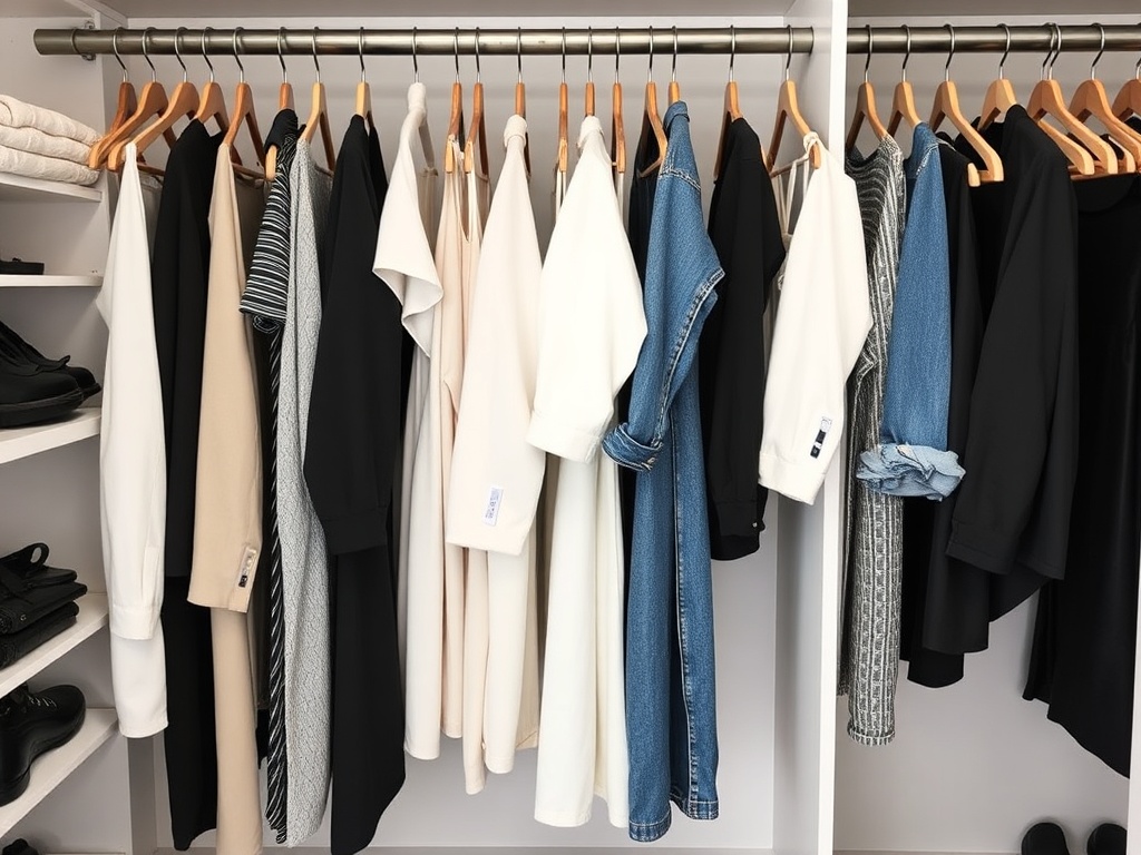 neutral color palette wardrobe black white beige denim organized closet
