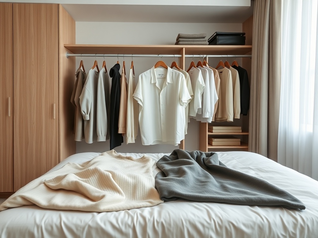 a clean minimalist wardrobe with neutral clothing pieces laid out on a bed, soft natural lighting, modern apartment aesthetic